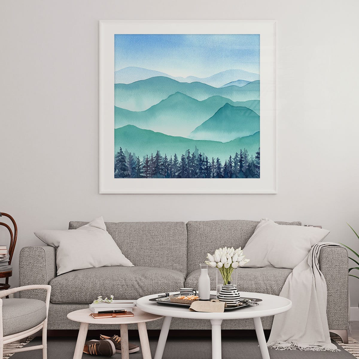 Watercolor Landscape Framed and Displayed in Living Room