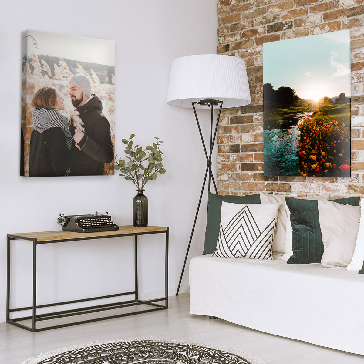 Modern living room with exposed brick and two frameless picture frames displayed on the wall