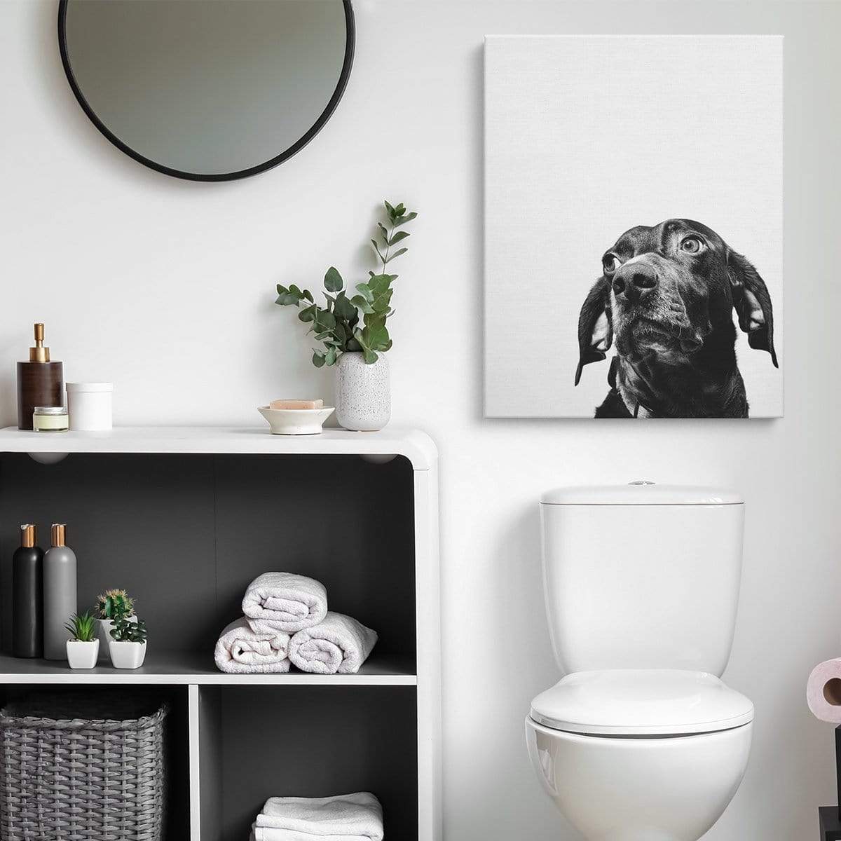 Photo of dog on canvas print hanging in bathroom