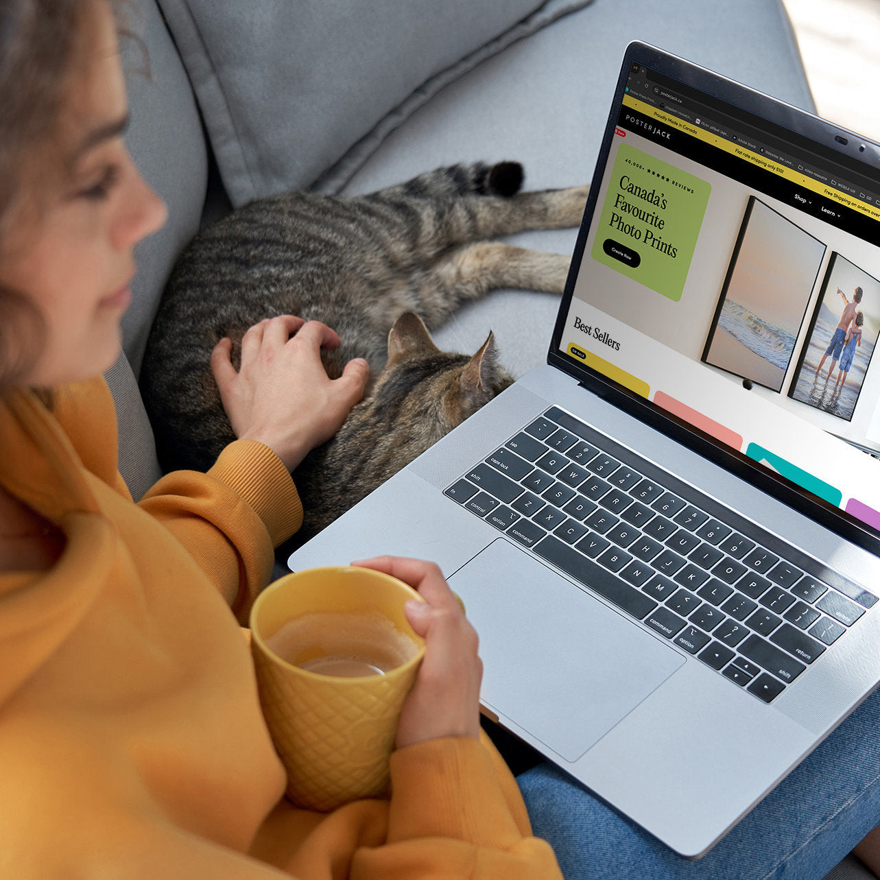 Person sitting with cat and laptop looking at the new Posterjack website