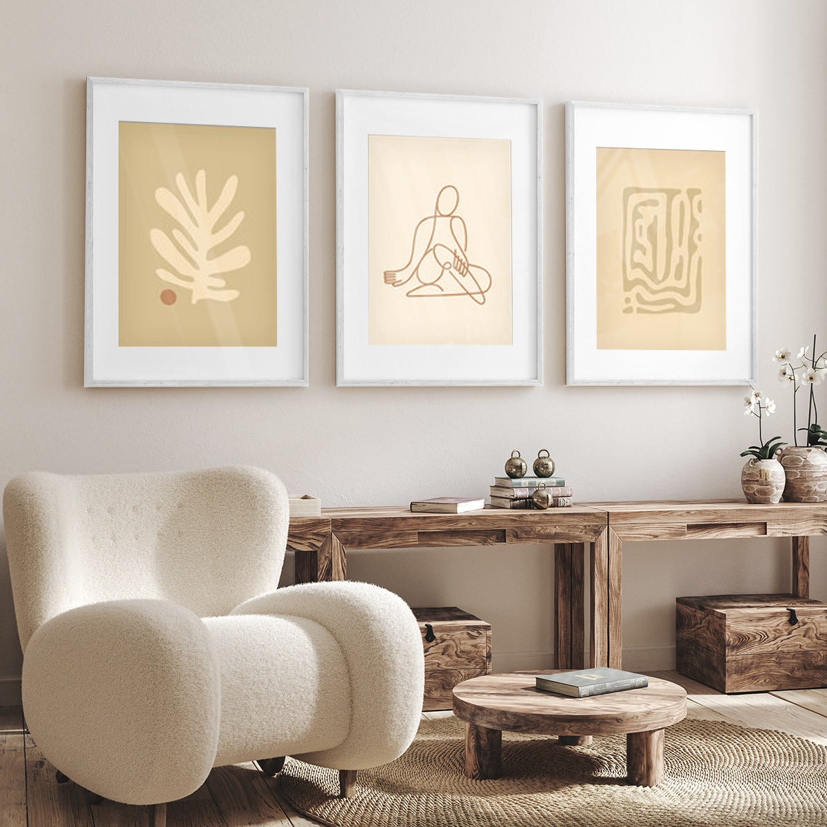 White Framed Boho Art Prints Displayed in Room