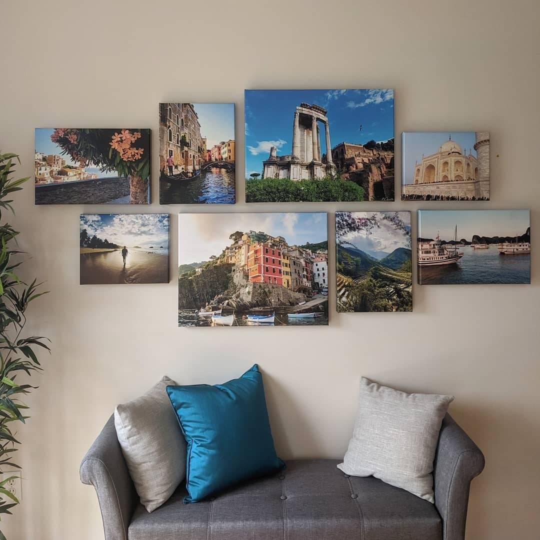 Photo Gallery Wall with Eight Images in Living Room